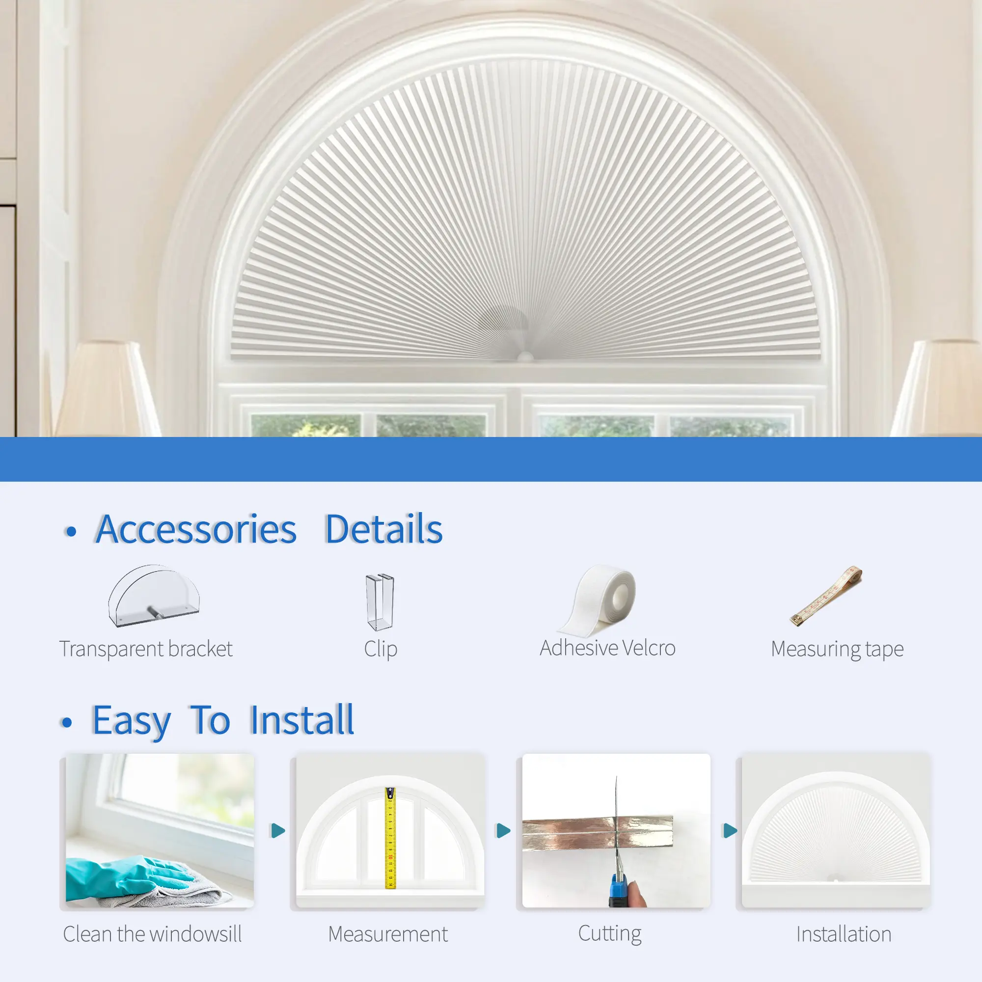 Arch Window Shades Blackout Cellular Shades Cordless No Drill Honeycomb Blinds for Half Circle Windows - Image 2