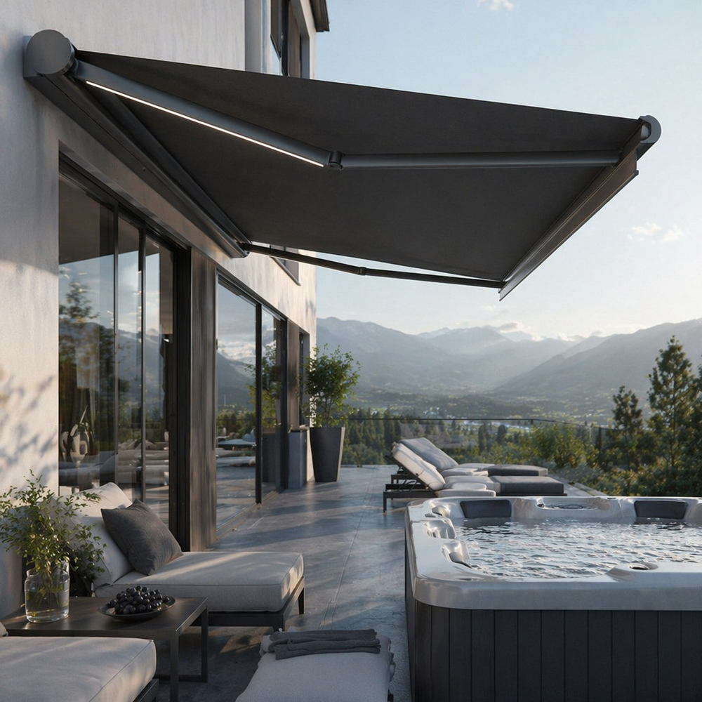 Smart Windproof Motorized Folding Arm Awning for Modern Outdoor Villa