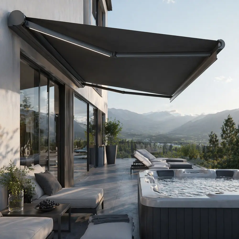 Smart Windproof Motorized Folding Arm Awning for Modern Outdoor Villa