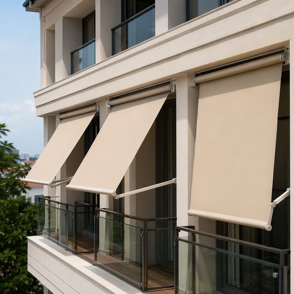 UV-Resistant Manual Swing Arm Roller Blind for Outdoor Patio Facade